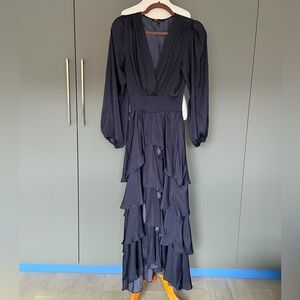 Maje Raffinela Smoked-Waist Ruffled Maxi Dress Navy V-Neck Long Sleeve size 36